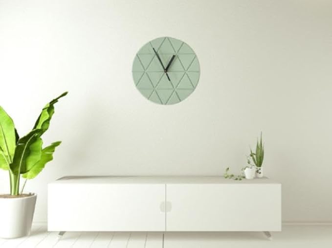 Mint Green Wooden Wall Clock 24cm Round Geometric Triangle Pattern MDF, (Batteries not Included)