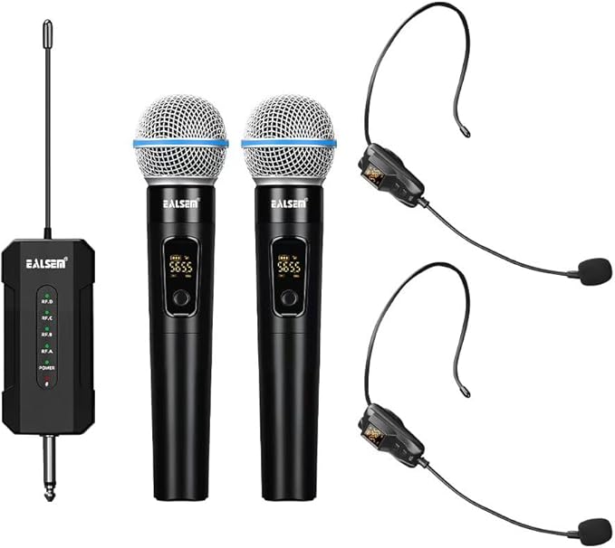 ES-384 4-CH UHF Wireless Handheld Microphone System - 164ft Range, Rechargeable Receiver, Plug-and-Play for Karaoke & Live Shows - 2 Handheld 2Headset Mics Included (4-CH 2HANDHELD 2HEADSET)