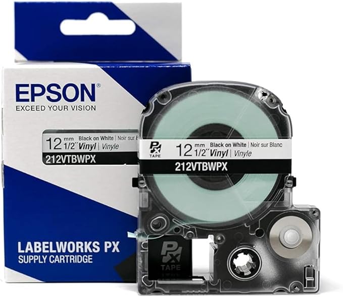 Epson LABELWORKS 212VTBWPX-5PK Genuine Tape Cartridge - 5 Pack Black on White Flexible and Durable Vinyl Industrial Label Maker Tape - 1/2" (12MM) Wide, 22.9 ft - 5 Cartridges