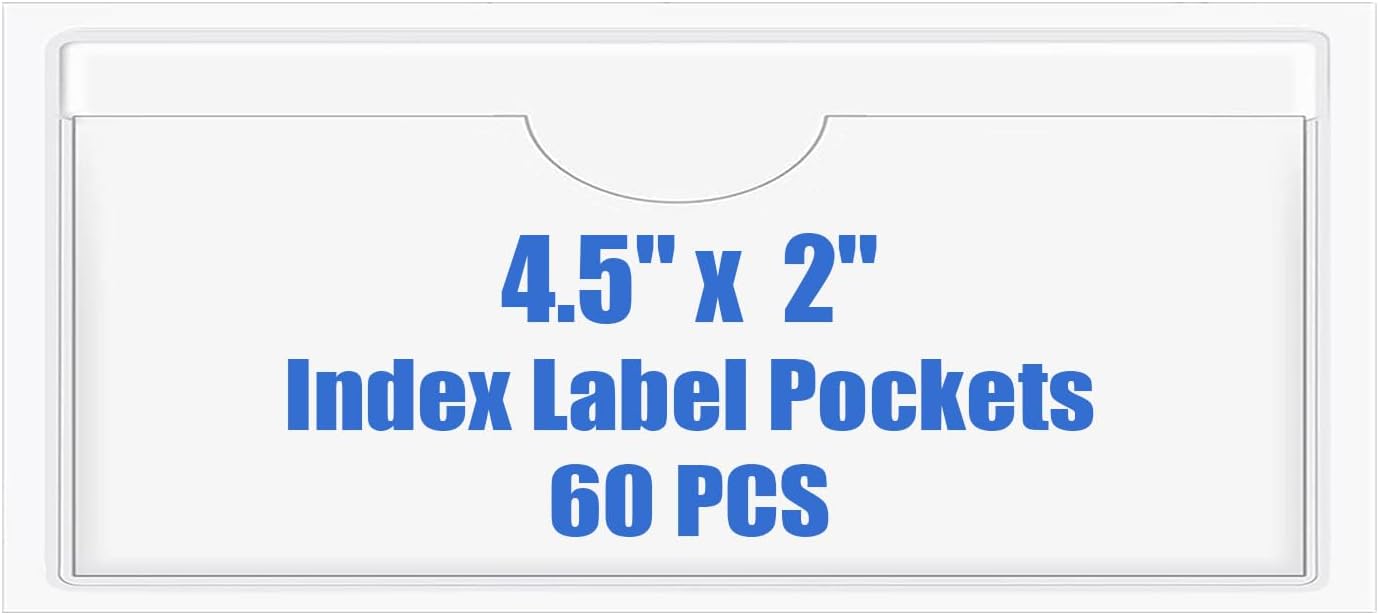 Origin-Joy 60 PCS Self Adhesive Index Card Pockets with Top Open, Clear Plastic Label Holder for Cards of Note, Library and Business, Adhesive Label Pockets & Card Holder (4.5 x 2 inch)