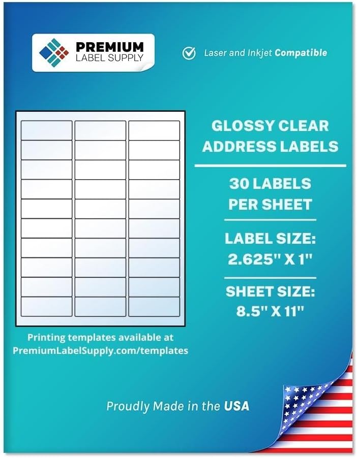 Premium Label Supply Glossy Clear Address Labels â 2.625" x 1" â Laser/Inkjet Compatible â (30 per Sheet), 10 Sheets - 300 Total Adhesive Labels