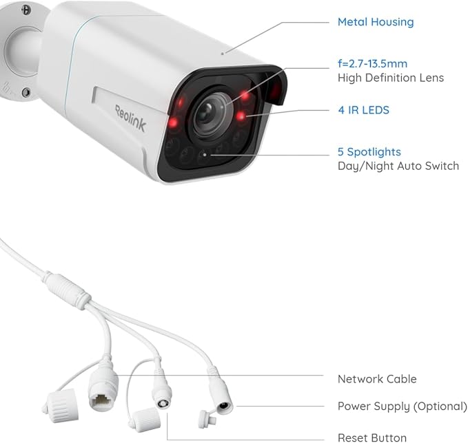 REOLINK RLC-811A PoE IP Wired Security Camera 4K - 123° FoV, 5X Optical Zoom for Outdoor Usage, Color Night Vision, Human/Vehicle/Pet Smart Detection, 2 Way Talk, Up to 512GB microSD Card