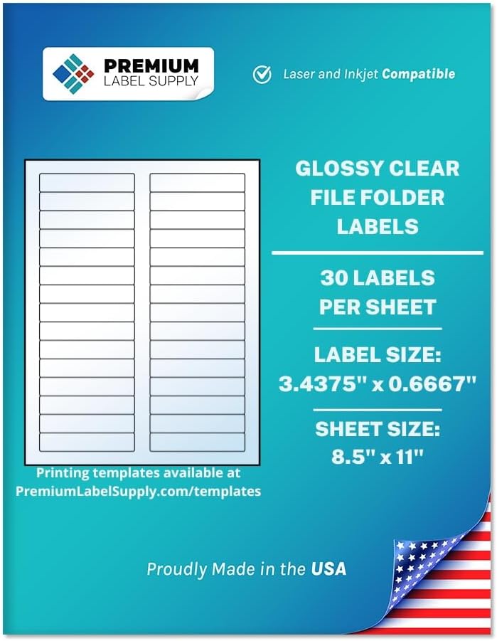 Premium Label Supply Glossy Clear File Folder Labels â 3.4375" x 0.6667" â Laser/Inkjet Compatible â (30 per Sheet), 500 Sheets â 15,000 Total Adhesive Labels