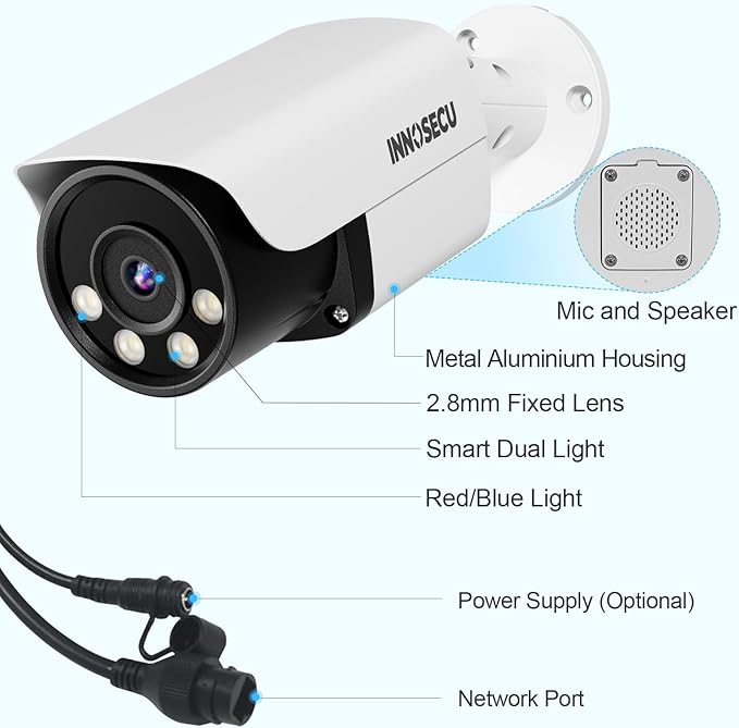 AI 8MP Bullet IP PoE Camera, 4K Security Surveillance Camera, Smart Instant Siren Alarm, Color Night Vision, Two-Way Audio, 2.8mm Lens 110°, Face Detection, Human&Vehicle Detection, INB8BD37D