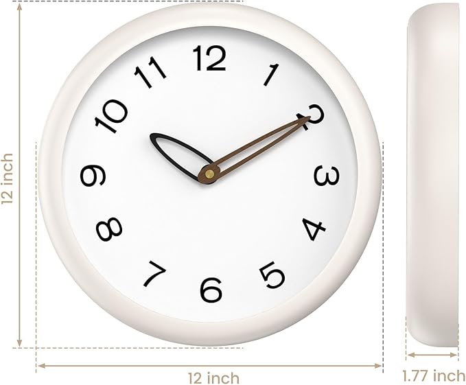 Modern Wall Clock,Battery Operated,Tempered Glass,12" Silent Clocks for Living Room,Bedroom,Kitchen,Bathroom - Stylish Home Decor Gift (Off White)