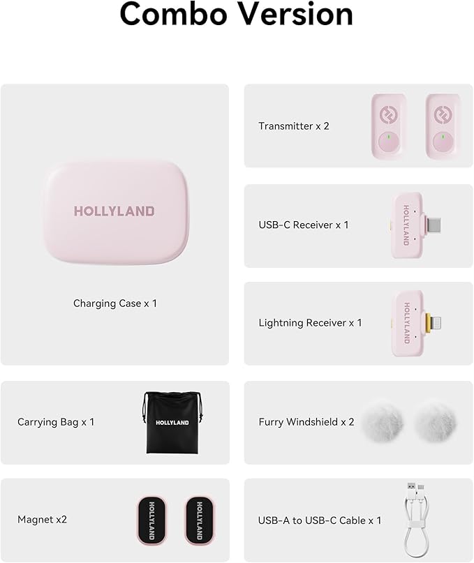 Hollyland Lark A1 Wireless Mini Microphone for iPhone & Android, 48kHz/24-bit, 3-Level Intelligent Noise Cancel, Microphone for YouTube, Podcast, Vlogging (Pink, 2TX + 2RX + Charging Case)