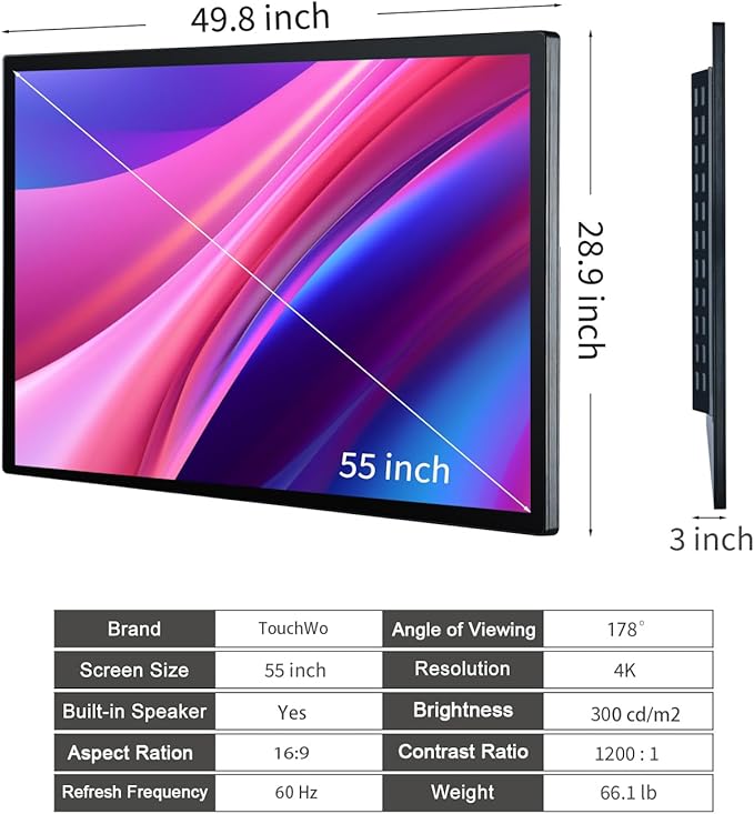 55" Interactive Touchscreen Monitor, Smart Board 4K Display with Wall Mount, Android 11 Smart Touch Screen Presentation Electronic Whiteboard for Office & Classroom, RAM 2G & ROM 32G