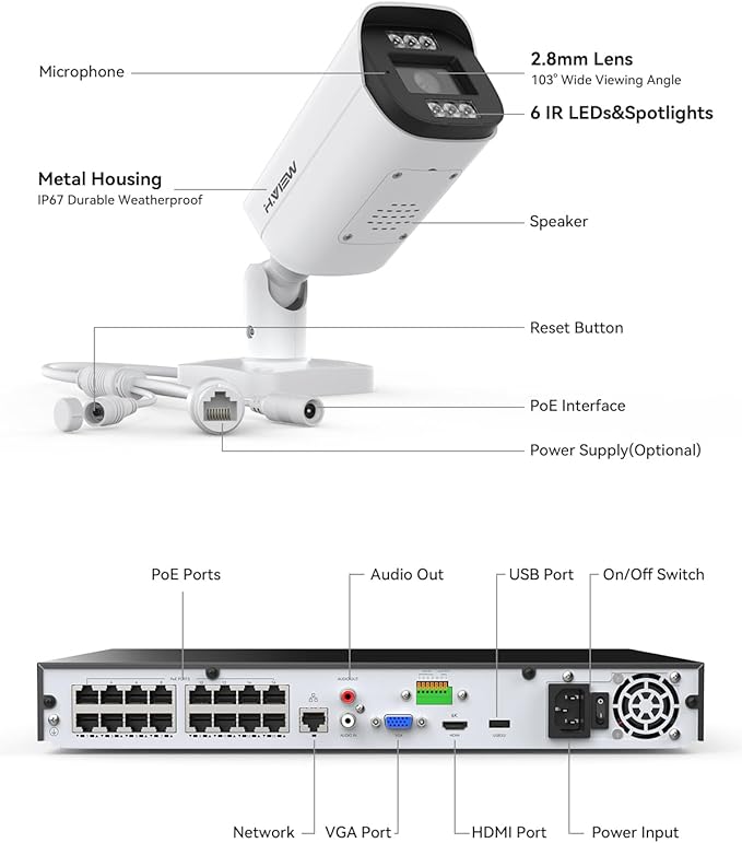 H.VIEW 4K PoE Security Camera System,16CH 8MP NVR with 8TB Large HDD,16pcs 4K Indoor Outdoor PoE IP Cameras,Face/Person/Smart Detection,2 Way Audio,Night Vision,Dual-Disk Backup for 24/7 Recording