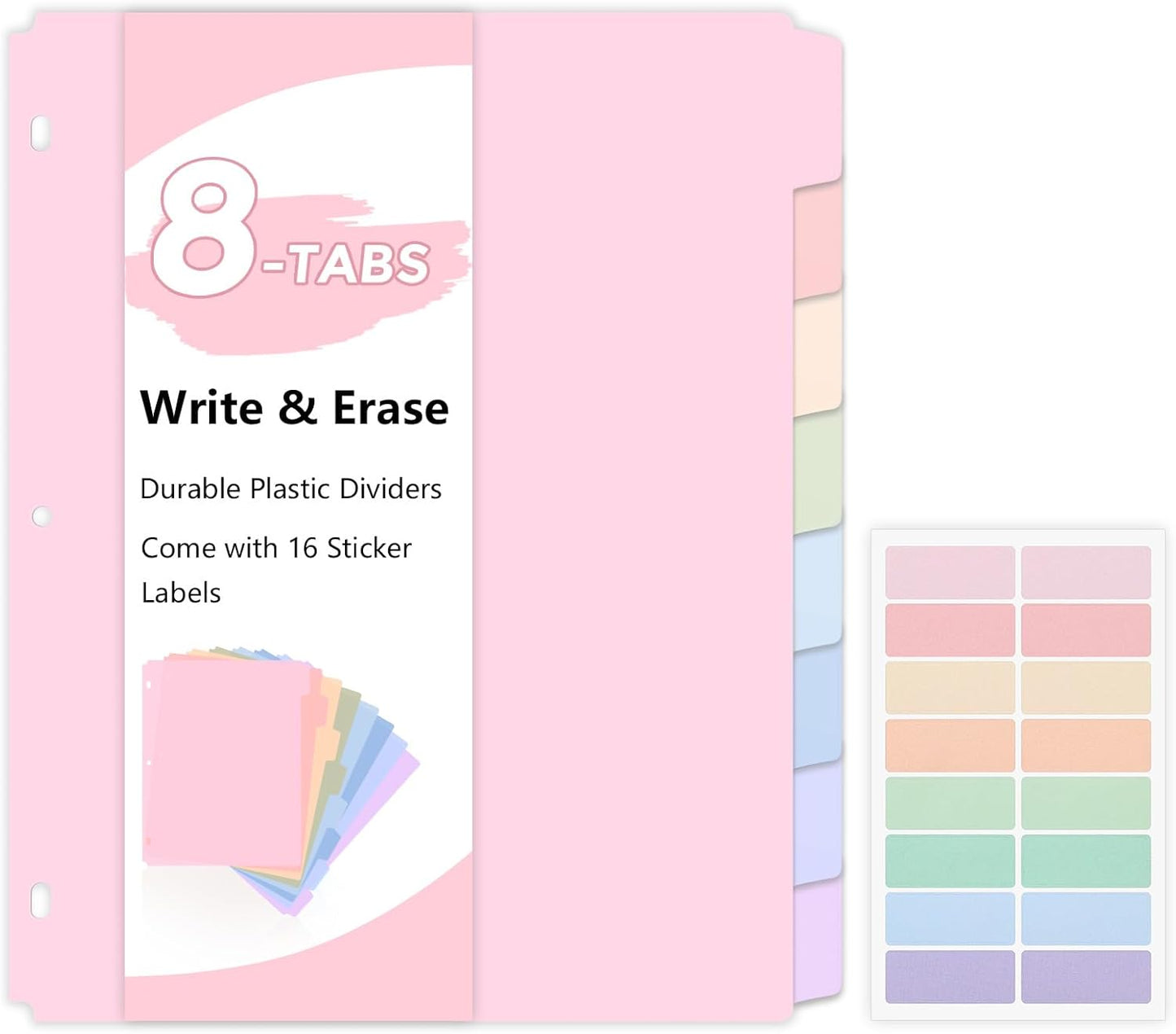 SKYDUE Durable Plastic 8-Tab Dividers, Big Tab Dividers for 3 Ring Binder, Write&Erase 3 Ring Binder Dividers with Tabs,with Sticker Labels, 1 Set, Pastel Color