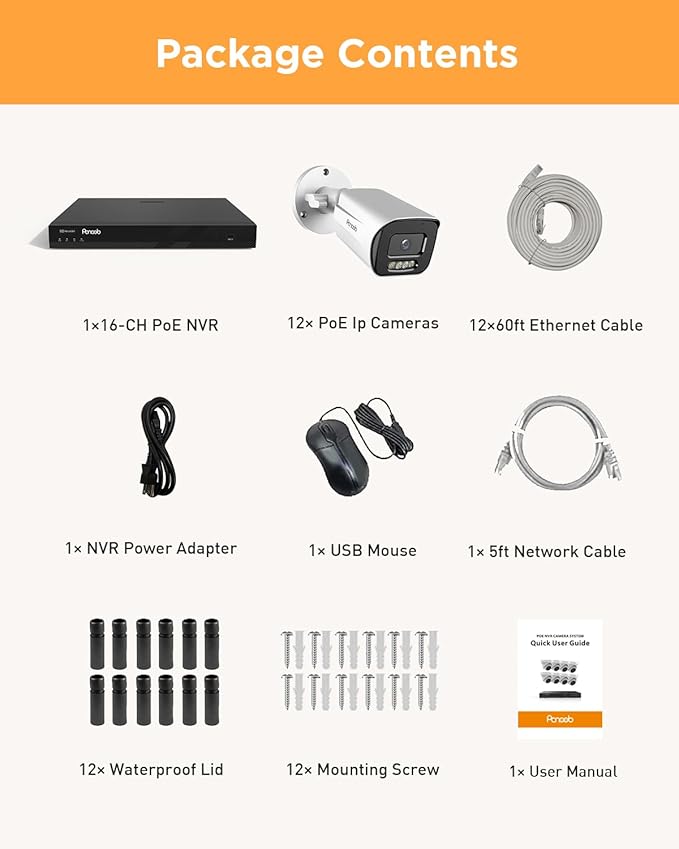 16 Channel Security Camera System 4TB HDD, H.265 12PCS 5MP PoE Commercial IP Bullet Camera, Smart Color Night Vision, 2 Way Audio Talking, AI Human Detection, Remote Access, PB65A1216-5MD