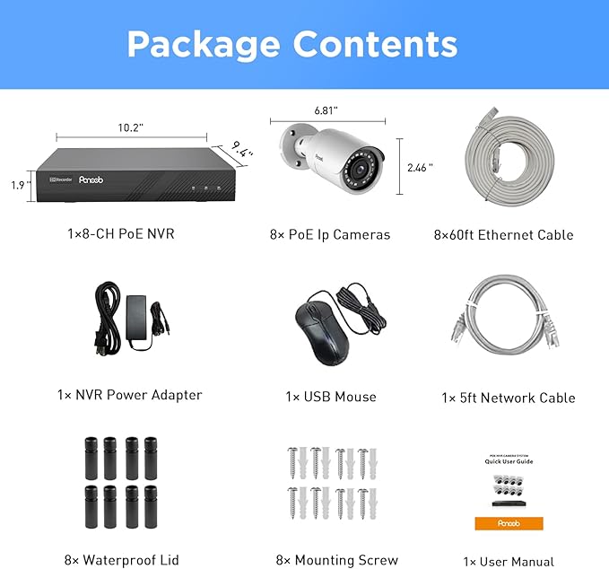 PoE Security Camera System 4K, 8pcs 8MP Wired Bullet IP PoE Cameras Outdoor w/Mic, AI Person Detection, 4K/8MP 8 Channel NVR 2TB HDD, 110ー Wide Angle, 100ft IR Night Vision, PB37F0808-8M