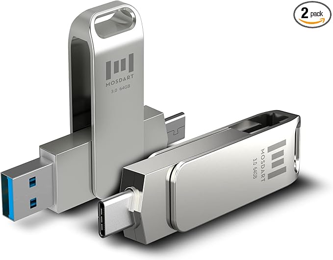 MOSDART 64GB USB3.1 Fast Speed C and A Dual Flash Drive, exFAT Memory Stick with Keychain Loop, for iPhone 15,16,17, Android Phone, iPad, MacBook, Silver(Pack of 2)