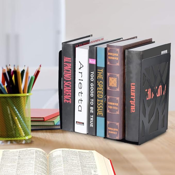 Metal Bookends Black 6 Pair - Heavy Duty Book Stoppers for Shelves - Decorative Book Ends