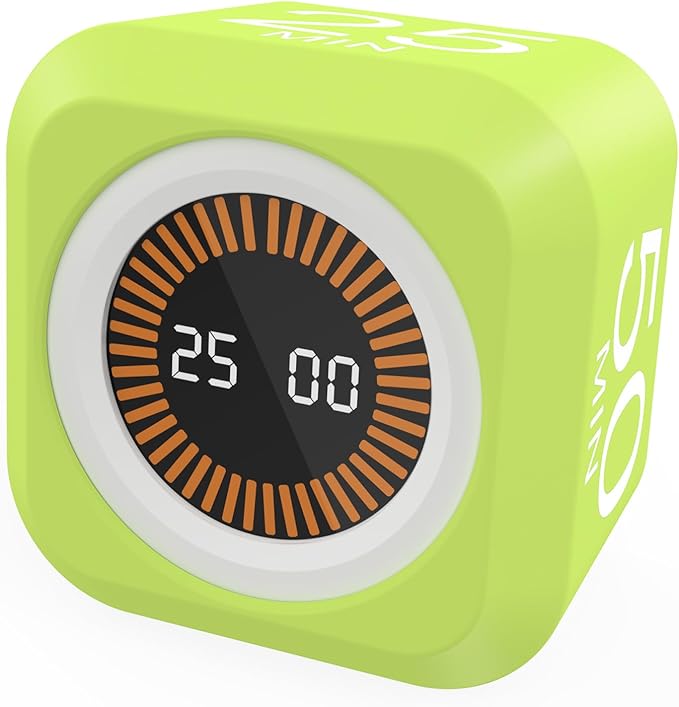 Rotating Visual Pomodoro Timer 5, 25, 10, 50 Min Custom Countdown, Rechargeable Cube Desk Productivity Flip Timer with Detachable Silicone Case, Ideal for ADHD Tool Study Work School (Green)