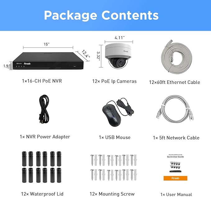 16 Channel Security Camera System, 12x 8MP IK10 Vandal Proof Dome Camera Outdoor with Human Vehicle Detection, Built-in Mic, Remote Access 24-7 Recording, 4K 16CH NVR 4TB HDD, PD54A1216-8M