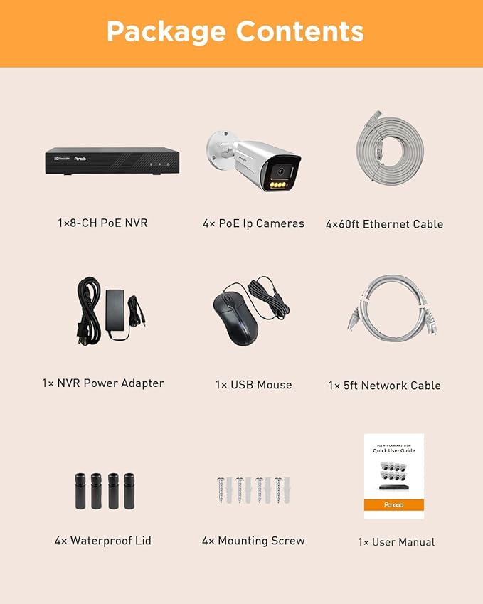 4 Camera Security System 8 Channel, 4X 5-Megapixel Wired Security IP Bullet PoE Camera w/Human Detection, 2 Way Audio, Smart Dual Light Color Night Vision, 4K 8CH NVR 2TB HDD, PB65A0408-5MD