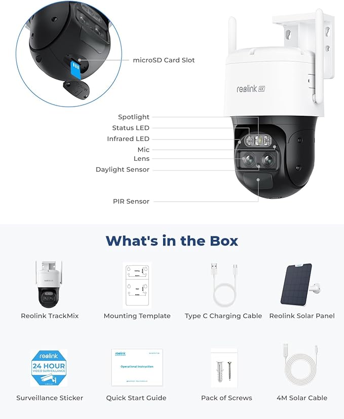 REOLINK 4K Dual Lens Security Camera Outdoor, PTZ with Auto Tracking, No WiFi Solar Powered, 6X Hybrid Zoom, 8MP Color Night Vision, SIM Card Included,Motion Alert TrackMix Series+SP (WiFi Set)