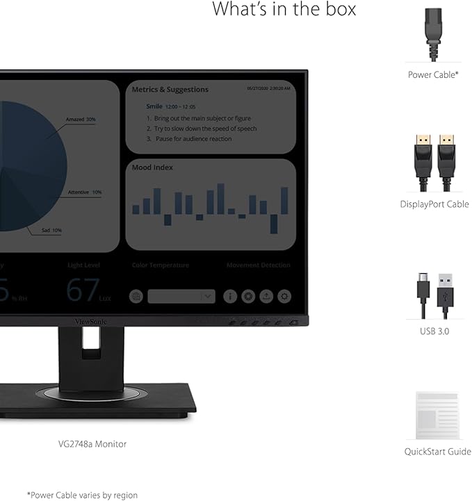 ViewSonic VG2748A 27 Inch IPS 1080p Ergonomic Monitor with Ultra-Thin Bezels, HDMI, DisplayPort, USB, VGA, and 40 Degree Tilt for Home and Office, Black