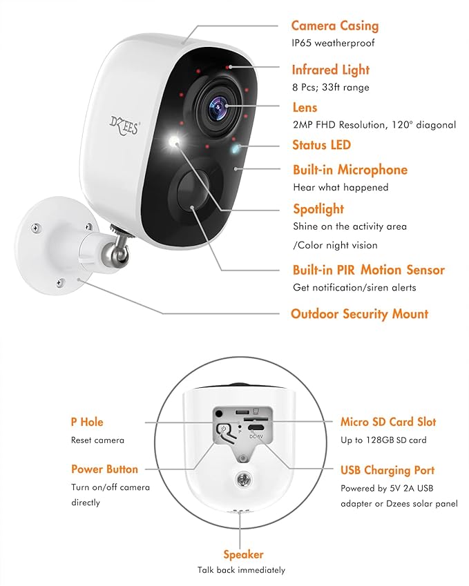 Dzees Solar Powered Security Cameras Wireless Outdoor WiFi, 2K Color Night Vision Outdoor Camera, Wireless Home Security Cameras System with Solar Panel, Spotlight/Alarm, AI Detection, 2-Way Talk
