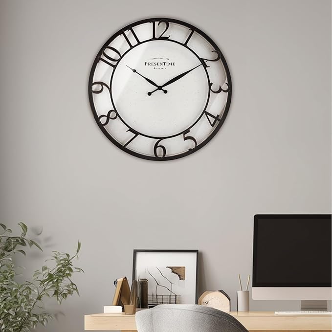 Presentime & Co 21" Farmhouse Series Wall Clock,Vintage Style, Retro Clock, Raised 3D Arabic Numeral, Oil Rubbed Bronze Finish. Wall Décor for Living Room and entryway.