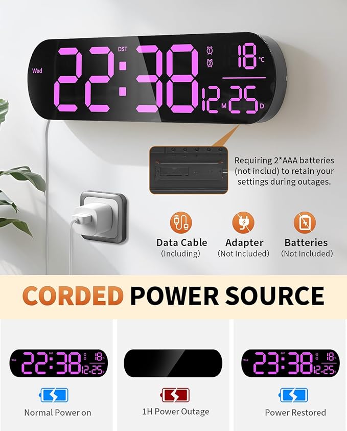 14" Large Digital Wall Mount Clock, Count Down Timer, Alarm, Big LED, 11 RGB Color, Temperature for Living Room Classroom Desk, Xmas, Birthday Gift for Senior Mom Dad (Oval)