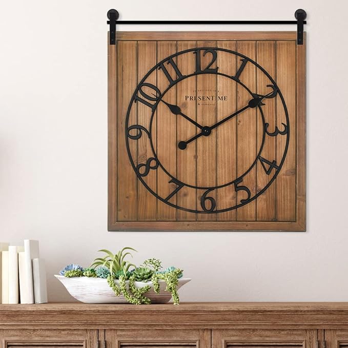 Presentime & Co Farmhouse Barn Door Clock, Shiplap Style, Brown Wood Color, Silent No Ticking, 3D Arabic Numeral, 23" H x 21" W. Home Decoration/Wall Decoration/Farmhouse Décor