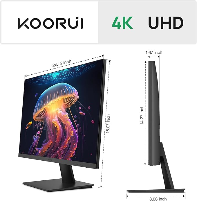KOORUI 27 Inch 4K Monitor Computer UHD(3840 * 2160) IPS Display, 99% sRGB, 95% DCI-P3, 1.07 Billion Colors, Freesync & G-sync, Displayport & 2X HDMI, VESA 100 * 100mm, Tilt -5 to 20°, Audio Out (N07)