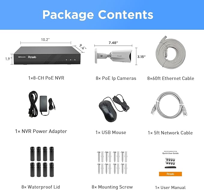 8 Channel 4K PoE Security System with 2TB HDD 8X 8MP Outdoor Bullet Cameras AI Human/Vehicle Detection, Color Night Vision 2-Way Audio, PB65A0808-8MD-1