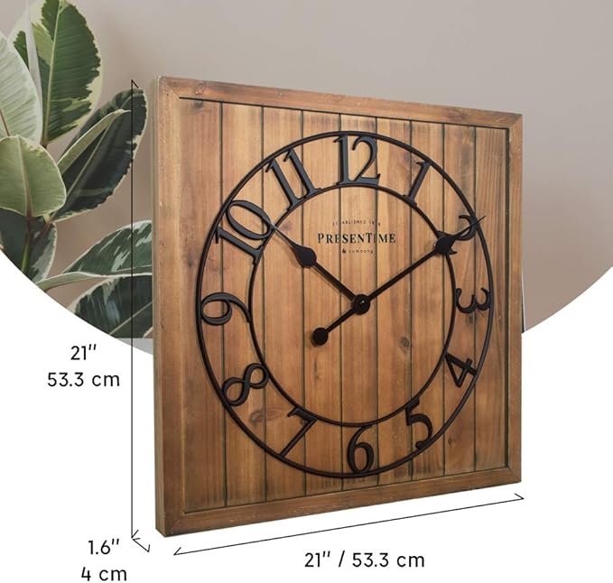 Presentime & Co 21" Farmhouse Square Shiplap Barn Door Wood Clock - Fir, Arabic Numeral. Home Decoration/Wall Decoration/Farmhouse Décor for Living Room, Dining Room, and Entryway.