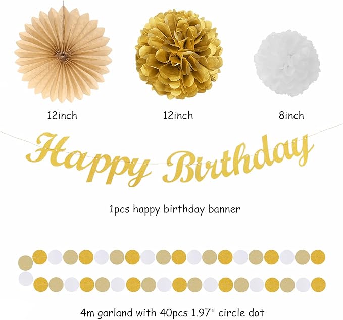 White-Gold Champagne Birthday Party-Decorations Paper-Flowers - 14pcs Happy Banner Engagement Honeycomb Tissue Pom Poms,Women Streamers Garland Beige Fans,21st 18th Girl Hanging Supplies Decor Hugfond