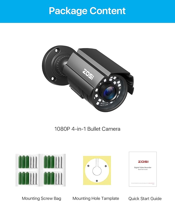 ZOSI 1080P CCTV Camera Outdoor Indoor Hybrid 4 in 1 HD TVI/CVI/AHD/CVBS Home Security Cameras System,Night Vision,Waterproof Metal Housing Bullet Cam For 960H,720P,1080P,5MP,4K analog Surveillance DVR