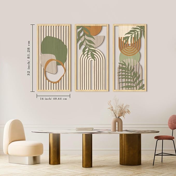 IARTTOP Boho Mid-century Modern Wood Wall Art 16x32 Inch Large Green Abstract Wood Wall Decor Mid Century Bohemian Artwork for Bedroom Living Room Office Kitchen Set of 3