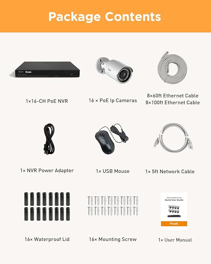 16 Channel Security Camera System, 4K 16CH PoE NVR 4TB HDD, 16x 5MP Wired Surveillance IP PoE Cameras Outdoor with AI Human Detection, Built-in Microphone,100ft IR Night Vision, PB37F1616-5M