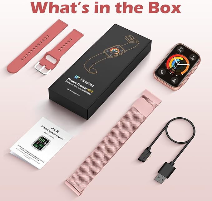 MorePro Health Fitness Tracker with Blood oxy-gen Monitor and 24/7 Heart Rate and Blood Pressure, Sleep Monitor, 120+ Sport Modes Waterproof Fitness Watch for Women Men Android iOS, Active Pink
