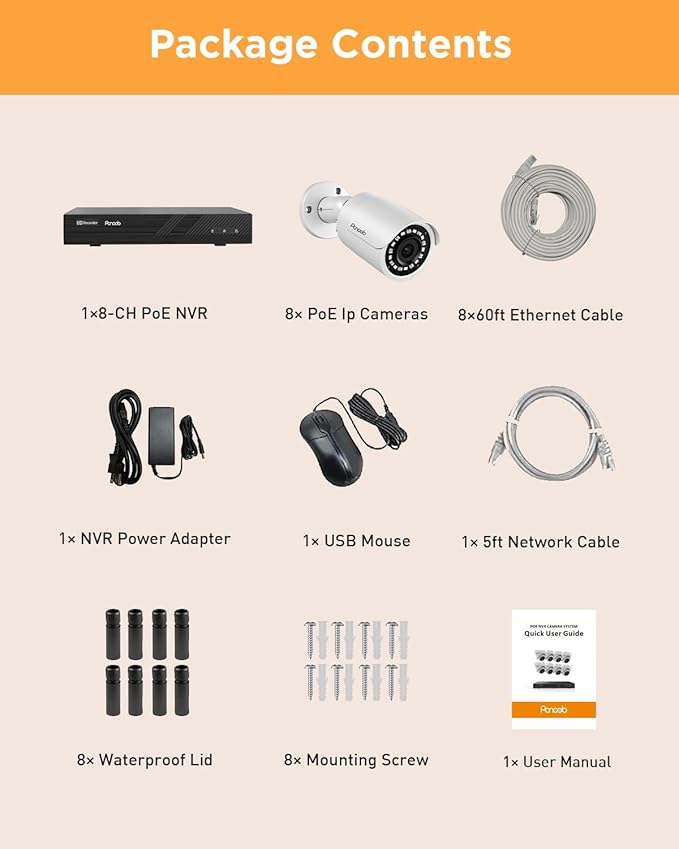8 Channel Security Camera System, 4K 8CH PoE NVR 2TB HDD, 8PCS 5MP Wired Outdoor Surveillance IP PoE Cameras, Human Detection, Remote Access, Built-in mic,100ft IR Night Vision, PB37F0808-5M