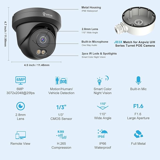 Anpviz 6MP PoE IP Camera Black, 3K Full Metal Turret Security IP Camera Outdoor Indoor, Smart Dual Light Color Night Vision, AI Human Vehicle Detection, Built-in Mic, 2.8mm Lens, IP66 Waterproof, NDAA