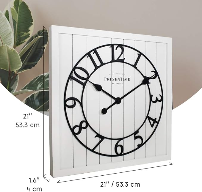 Presentime & Co 21" Farmhouse Square Shiplap Barn Door Wood Clock - White, Arabic Numeral. Home Decoration/Wall Decoration/Farmhouse Décor for Living Room, Dining Room, and Entryway.