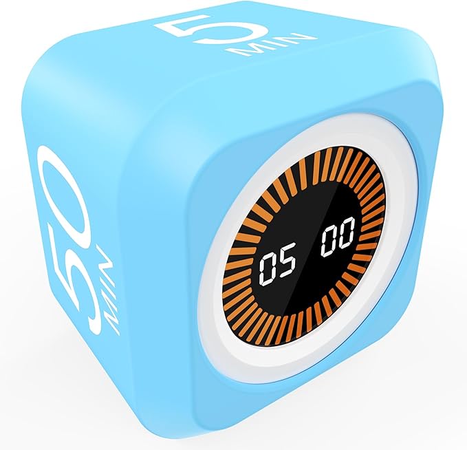 FCXJTU Rotating Pomodoro Cube Visual Timer 5, 25, 10 50 Minutes Preset, Rechargeable Desk Productivity Flip Timer w/Silicone Cover Custom Countdown, Silent Mode for ADHD, Study, Work, School(Blue)