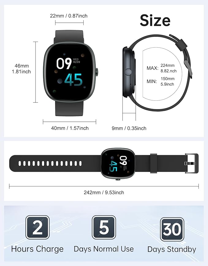 HUAKUA Smart Watches for Women Men (Answer/Make Calls), 1,85" HD Smart Watch for iPhone/Android Phones, Fitness Tracker with 100+ Sport Heart Rate/Sleep Monitor Pedometer Waterproof (Black)