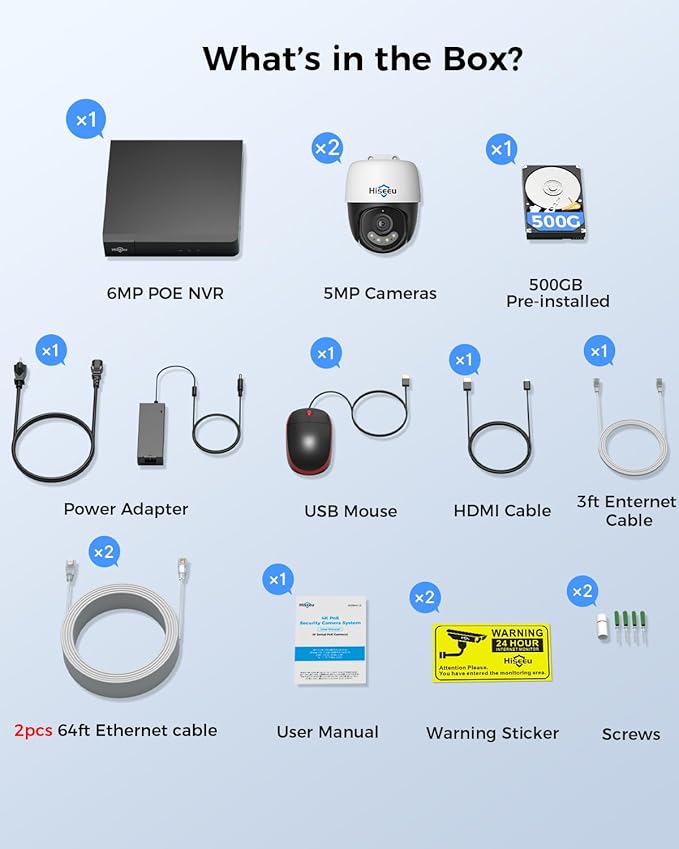 Hiseeu 6MP PoE Secuirty Camera System,with 2PCS 5MP PoE Wired Security Cameras Outdoor&Indoor,2-Way Audio,Color Night Vision,Remote Access,500GB HDD for Home Surveillance