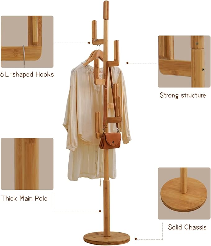 Bamboo Cactus Coat & Clothes Rack Stand, Standing Freestanding Clothing Racks with 6 Hooks for Adults & Kids, Heavy Duty Modern Entryway Living Room Bedroom Corner Coat Rack cactus-2