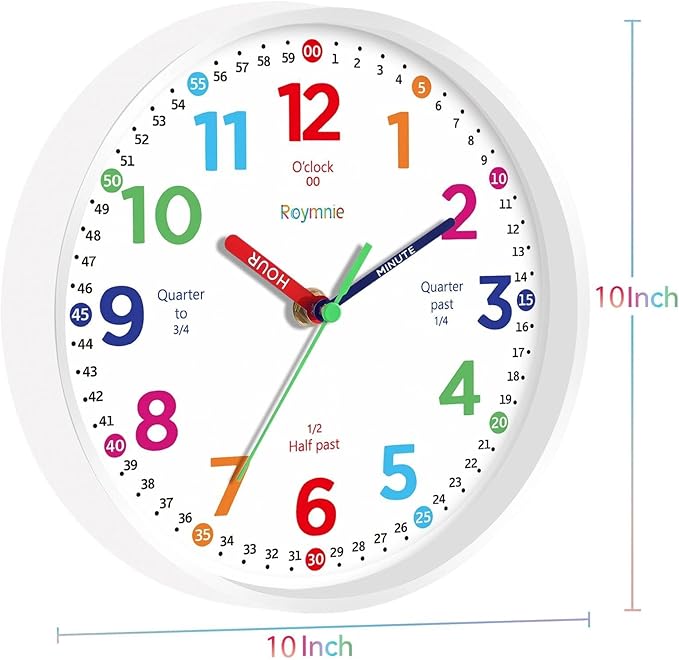 Wall Clock 10 Inch for Kids Learning Kids Teaching Clock Analog Silent Battery Operated Colorful Teaching Time Clock Decorative for Kids Room Kitchen School (White Grain)