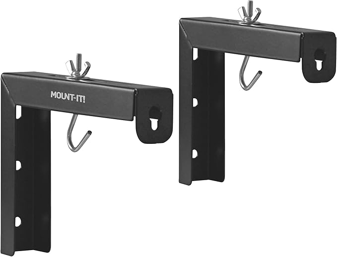 Mount-It! Projector Screen Wall Mount L-Brackets - Wall Hanging Bracket For Home Projector and Movie Screens, 6 inch Adjustable Mounting Hooks for Projection Screen, 1 Pair, Black, 66 Lb Capacity Each