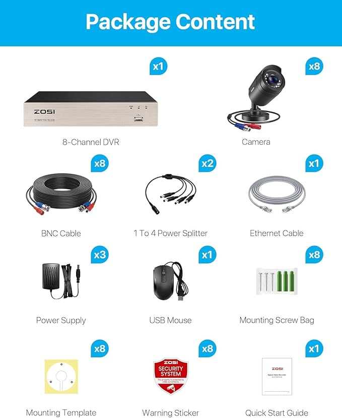 ZOSI 3K Lite 8CH Home Security Camera System Outdoor Indoor,AI Human/Vehicle Detection,Night Vision,H.265+ 5MP Lite 8 Channel CCTV DVR,8pcs 1080P 1920TVL Surveillance Bullet Cameras (No Hard Drive)