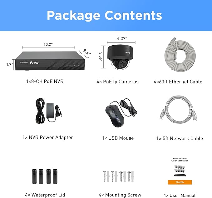 4K 8 Channel 8MP PoE Security System, 4PCS 8MP Outdoor Dome Cameras, Human Detection, 24/7 Audio Recording for Home Business,8Ch NVR w/ 2TB HDD Balck PD54B0408-8M-1