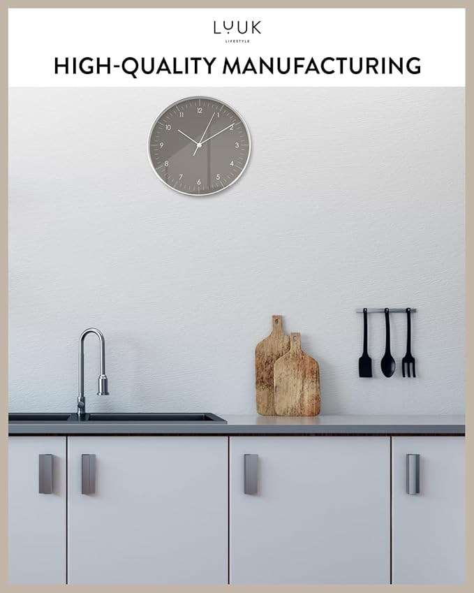 LUUK LIFESTYLE Silent Quartz Wall Clock, Nordic and Minimalist Design, Interior Decoration for Living Room, Kitchen, Bedroom, Dark Grey and Silver