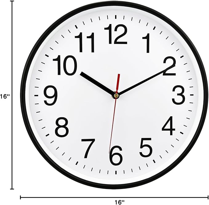 Plumeet Extra Large Wall Clock - 16" Non Ticking Silent Quartz Black Wall Clocks - Simple Design Wall Clocks for Living Room Decor, Battery Operated, White