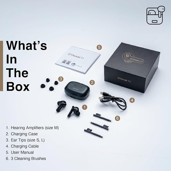 F1-S OTC Hearing Aids for Seniors, Rechargeable Battery, Bluetooth App Control & AI Noise Reduction, Invisible Design, Includes 3 Cleaning Brushes
