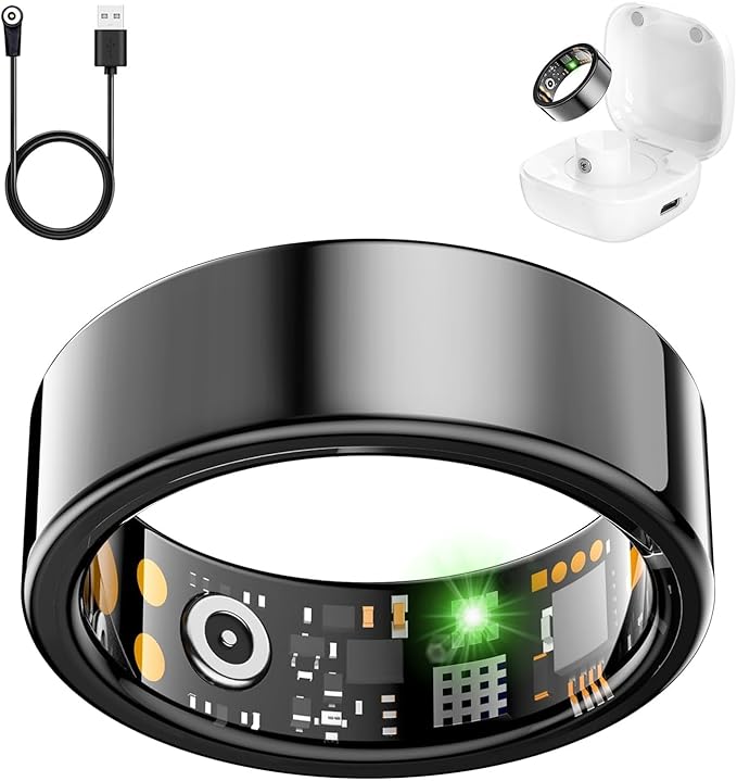 Smart Health Ring for Women Men, Fitness Tracker Ring with Heart Rate, Blood Oxygen, Sleep Tracker, Step Tracker, No Subscription Fee, IP68 Waterproof Smart Ring for iphone & Android (Black, 10#)