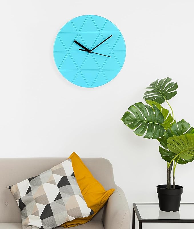 Turquoise Blue Wooden Wall Clock 24cm Round Geometric Triangle Pattern MDF, (Batteries not Included)